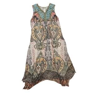 One world unity midi tank dress womens medium paisley embroidered blue coastal